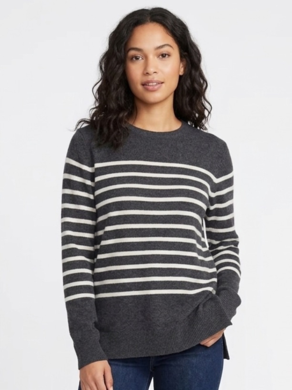 Magaschoni Cashmere Stripe Crewneck Sweater Reform Quiet Luxury Tunic Sporty L